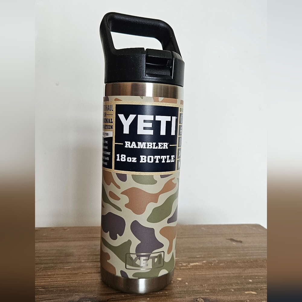 YETI Rambler 18oz Bottle in Tan Camo With Straw Cover